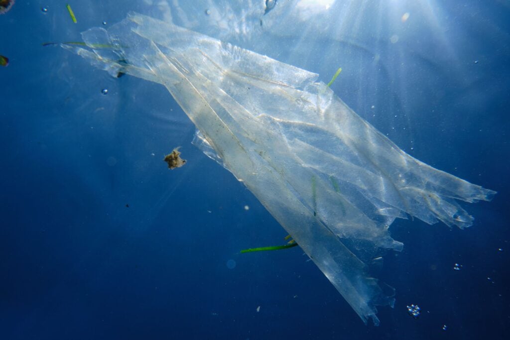 Bolsa de plástico en medio del mar. 