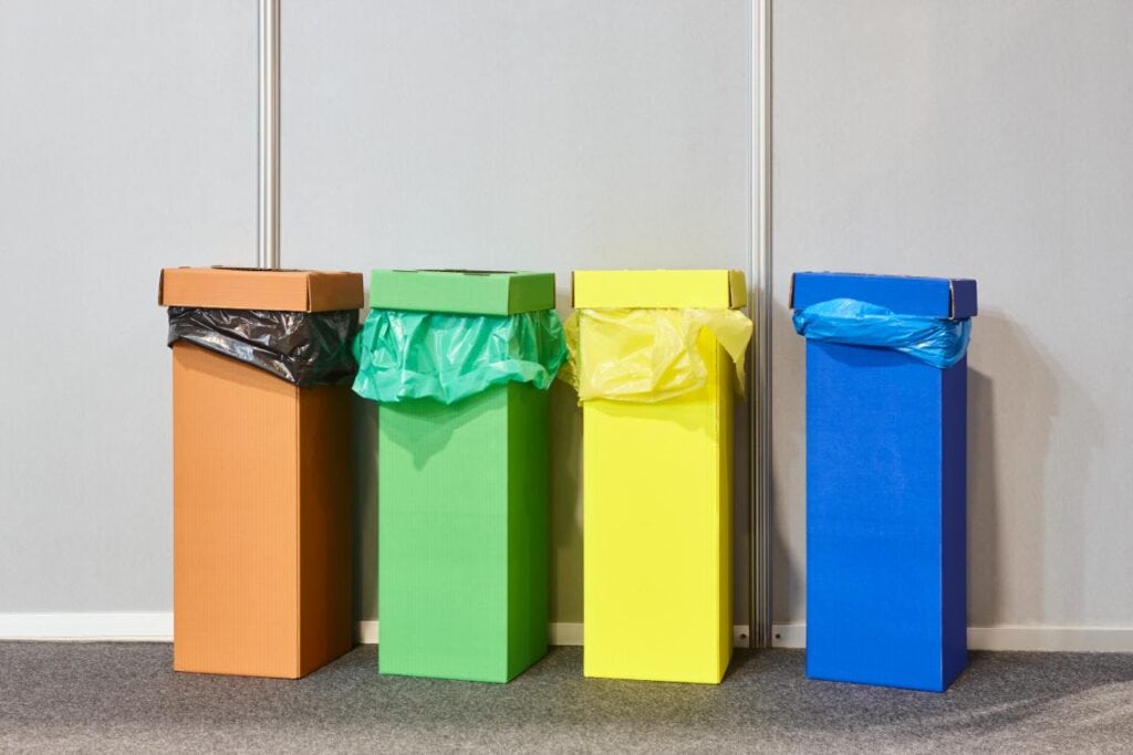 Cuatro cubos de basura de colores: amarillo, marrón, verde y azul