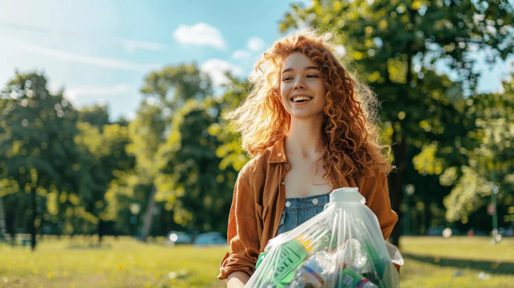 Mujer pelirroja sonriendo en la naturaleza sosteniendo una bolsa de basura transparente reciclable. 
