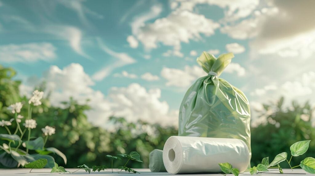 Paisaje verde con una bolsa de basura reciclable de color verde en primer plano.