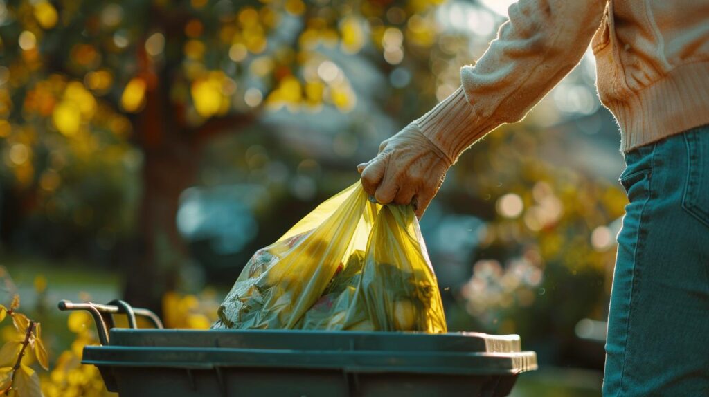  Persona colocando cuidadosamente una bolsa de basura amarilla en un contenedor de reciclaje al atardecer, resaltando la importancia del reciclaje responsable y la sostenibilidad ambiental, ofrecido por PlasticBag