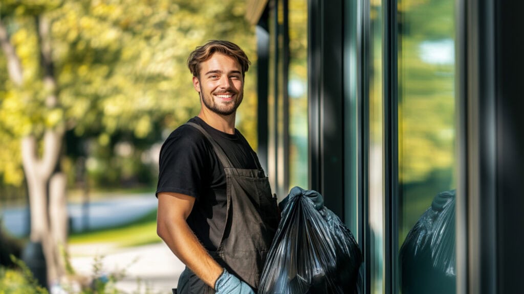 Empleado sonriendo con bolsa de basura reciclable