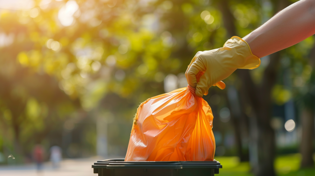 Primer plano de una mano con guante de goma colocando una bolsa de basura reciclable en un contenedor al aire libre en un entorno natural.