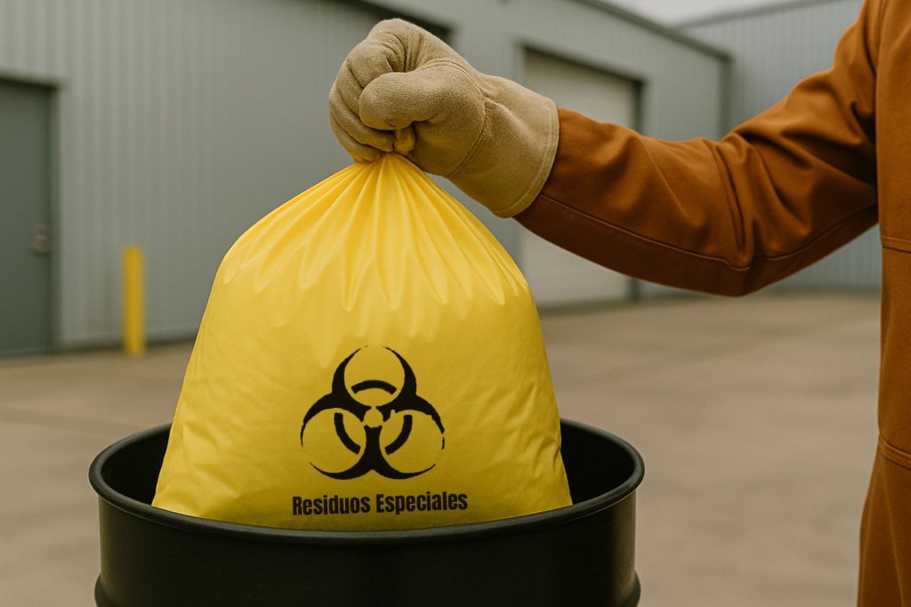 Primer plano de una mano enguantada, con uniforme ignífugo marrón, sujetando en puño una bolsa amarilla de residuos peligrosos marcada con el símbolo de riesgo biológico y el texto “Residuos Especiales”. La bolsa está a medio camino dentro de un barril de salvamento oscuro. Al fondo se aprecia la parte exterior desenfocada de una nave industrial.