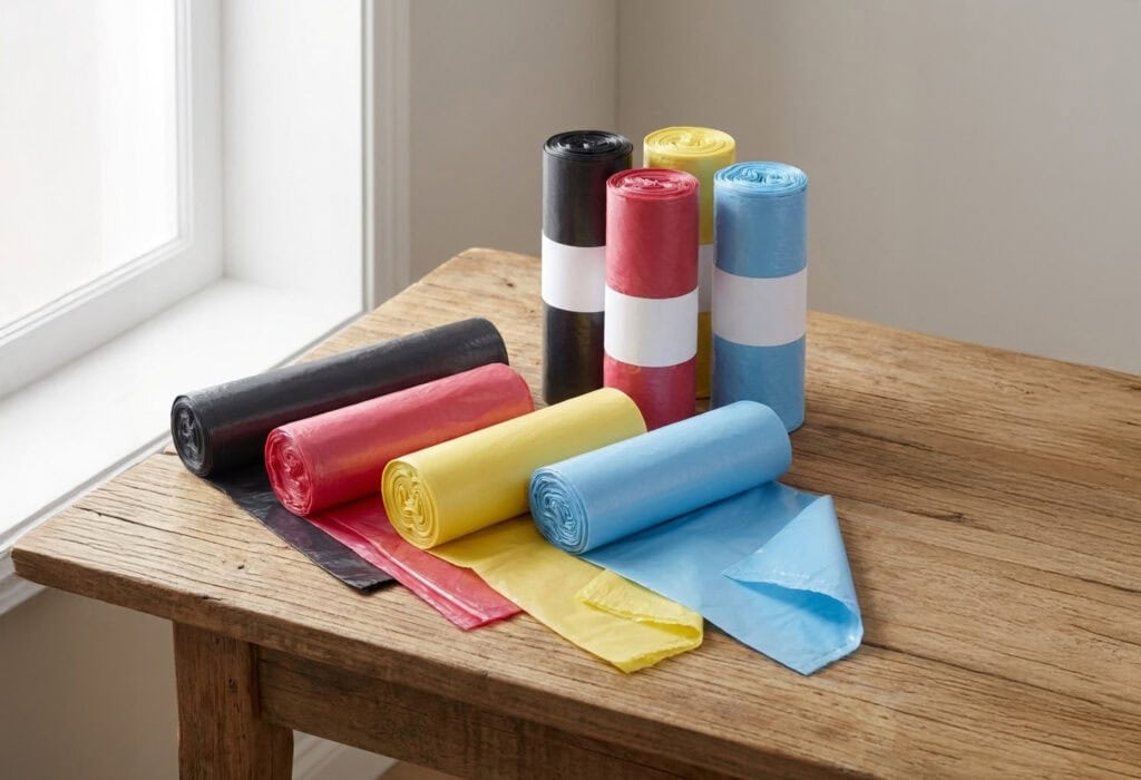 Bodegón de fotografía de producto sobre una mesa de madera rústica que muestra un surtido de rollos de bolsas de basura en cuatro colores (negro, rojo, amarillo y azul). Los rollos aparecen organizados en grupo, con algunos de pie y otros acostados y parcialmente desenrollados para mostrar la textura del plástico.