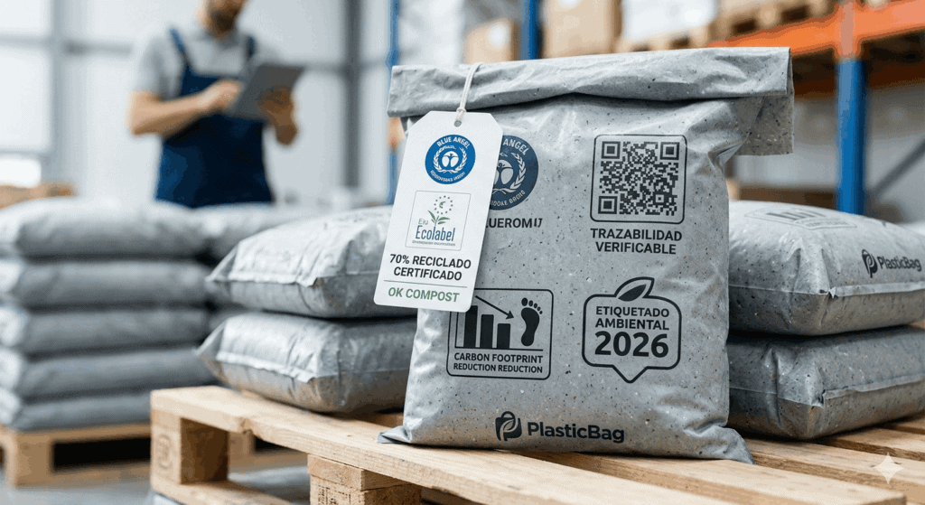 Primer plano detallado de una bolsa de transporte de plástico reciclado texturizado en un entorno logístico moderno en 2026. La bolsa presenta etiquetas visibles de certificación ambiental oficial (como Blue Angel y Ecolabel) y gráficos de datos medidos sobre contenido reciclado e impacto (huella de carbono), utilizadas como herramienta de diferenciación comercial para PlasticBag. Un trabajador con una tableta está borroso en el fondo.