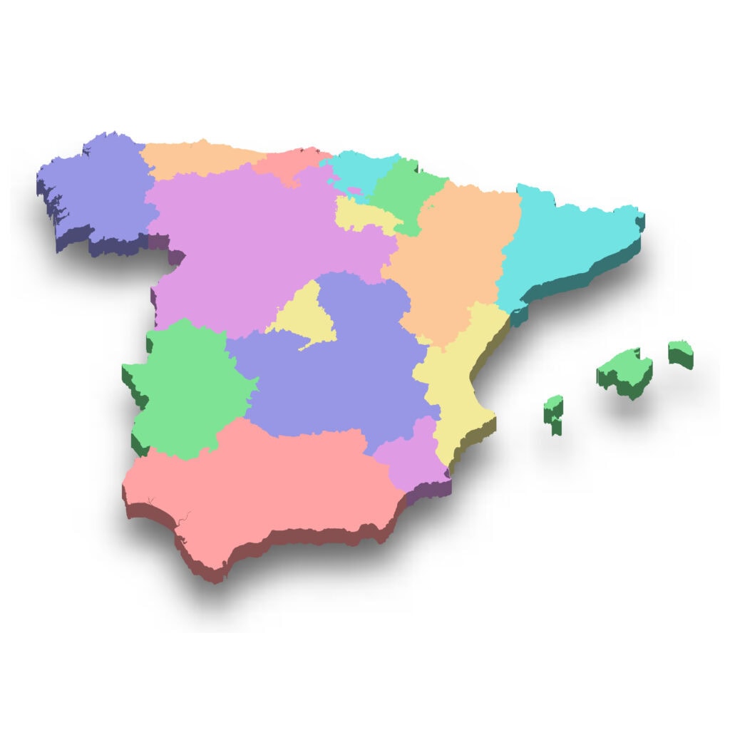 Mapa de España con comunidades autónomas diferenciadas por colores