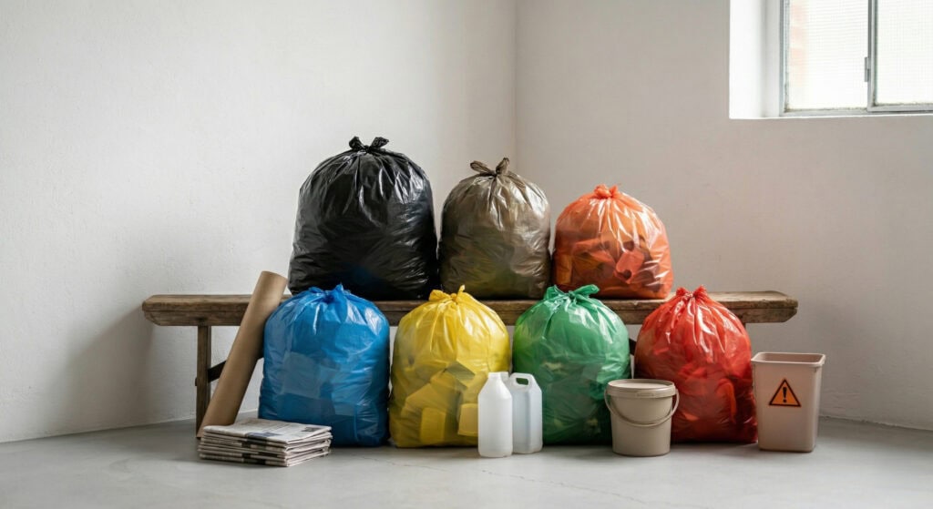 Bodegón fotográfico de bolsas de basura de colores (negro, azul, amarillo, verde y rojo) para la correcta clasificación y reciclaje de residuos industriales y urbanos. Composición limpia y ordenada sobre fondo de pared blanca.