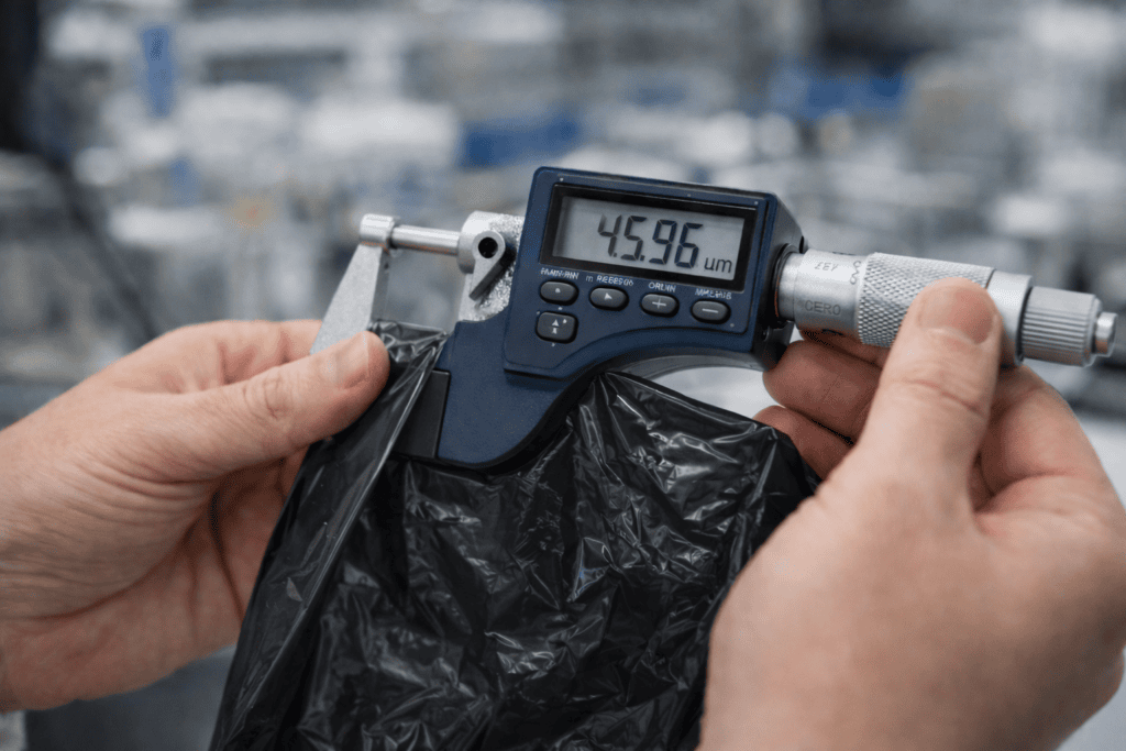 Medición del espesor en micras de una bolsa de basura con micrómetro digital