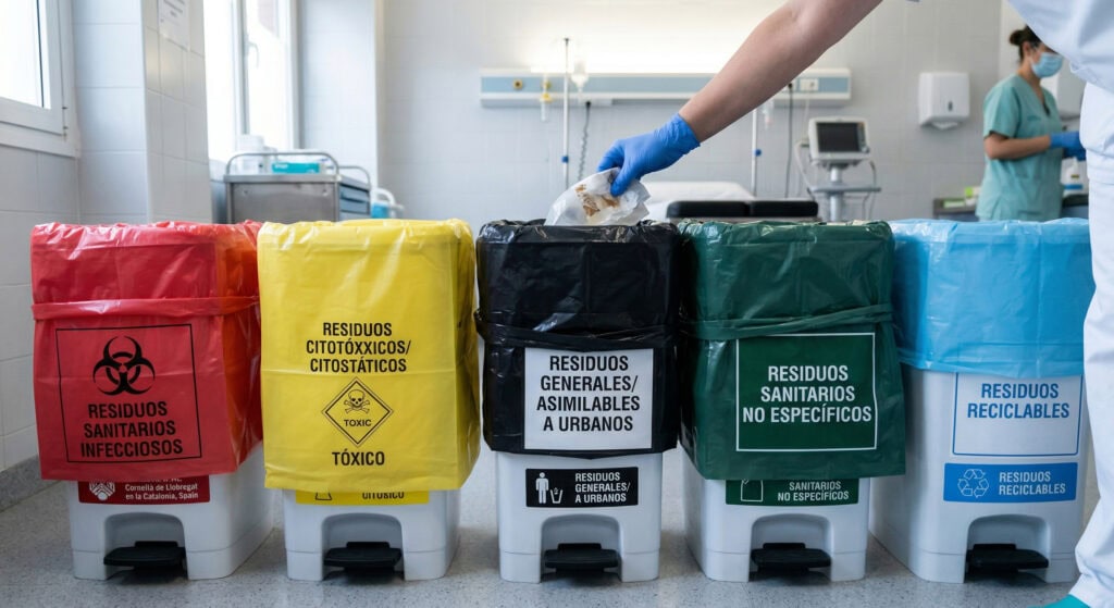 magen de primer plano y poca profundidad de campo de una línea de cubos de basura con pedales en una zona de clasificación de residuos sanitarios limpia