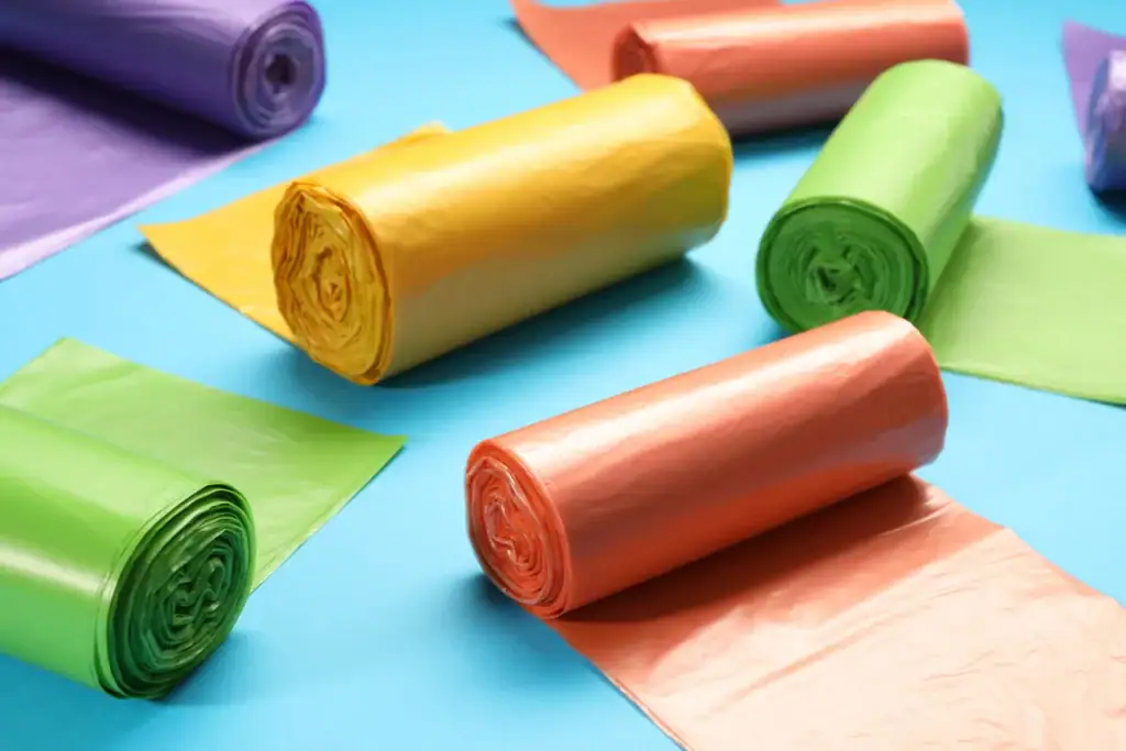 Rollos de bolsas de plástico recicladas.